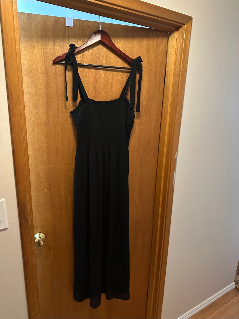 Smocked Black Maxi Dress with Tie Shoulder Straps